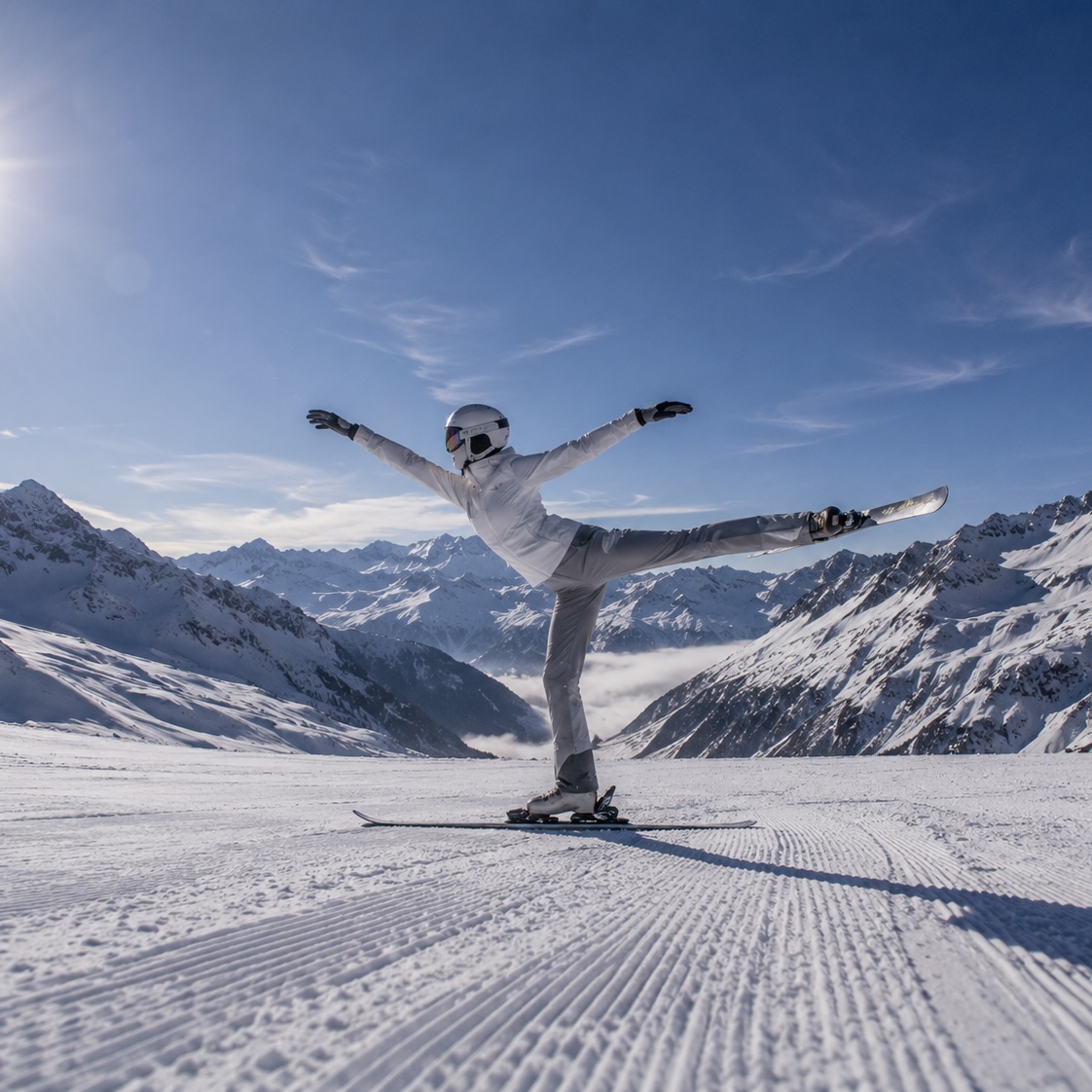 Acroski-Fahrerin in Kürposition auf der Piste