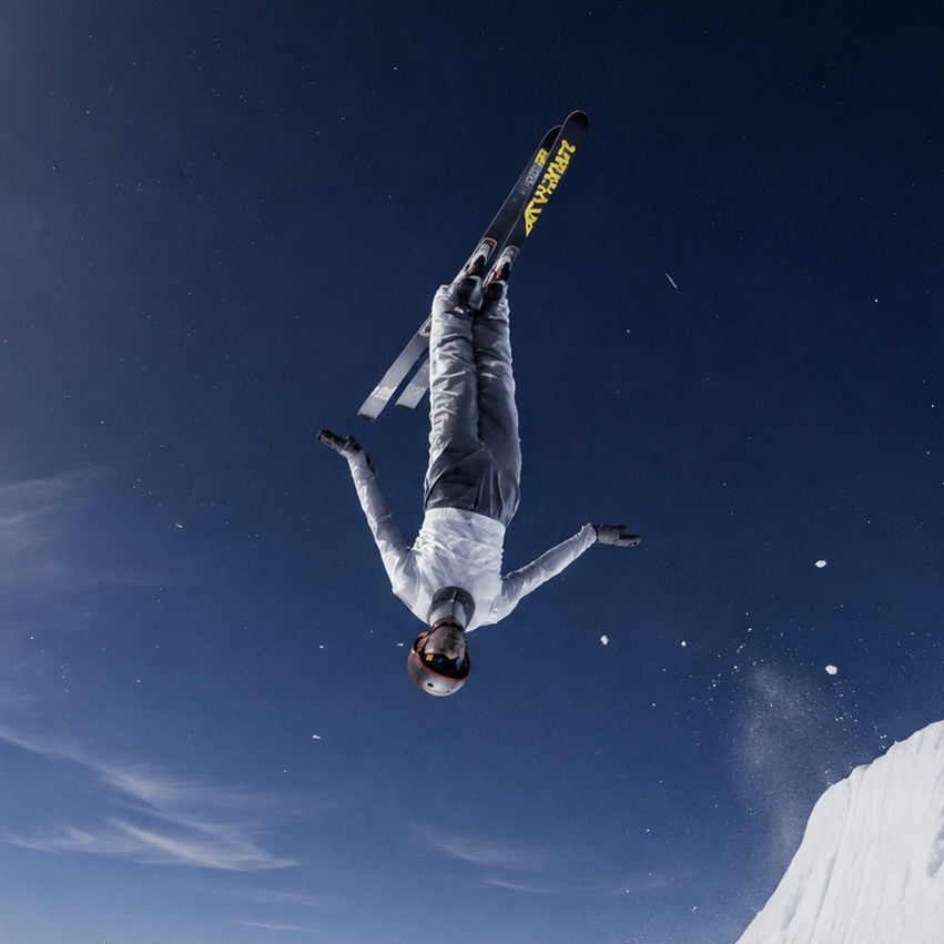 Skispringer im Salto über der Schanze